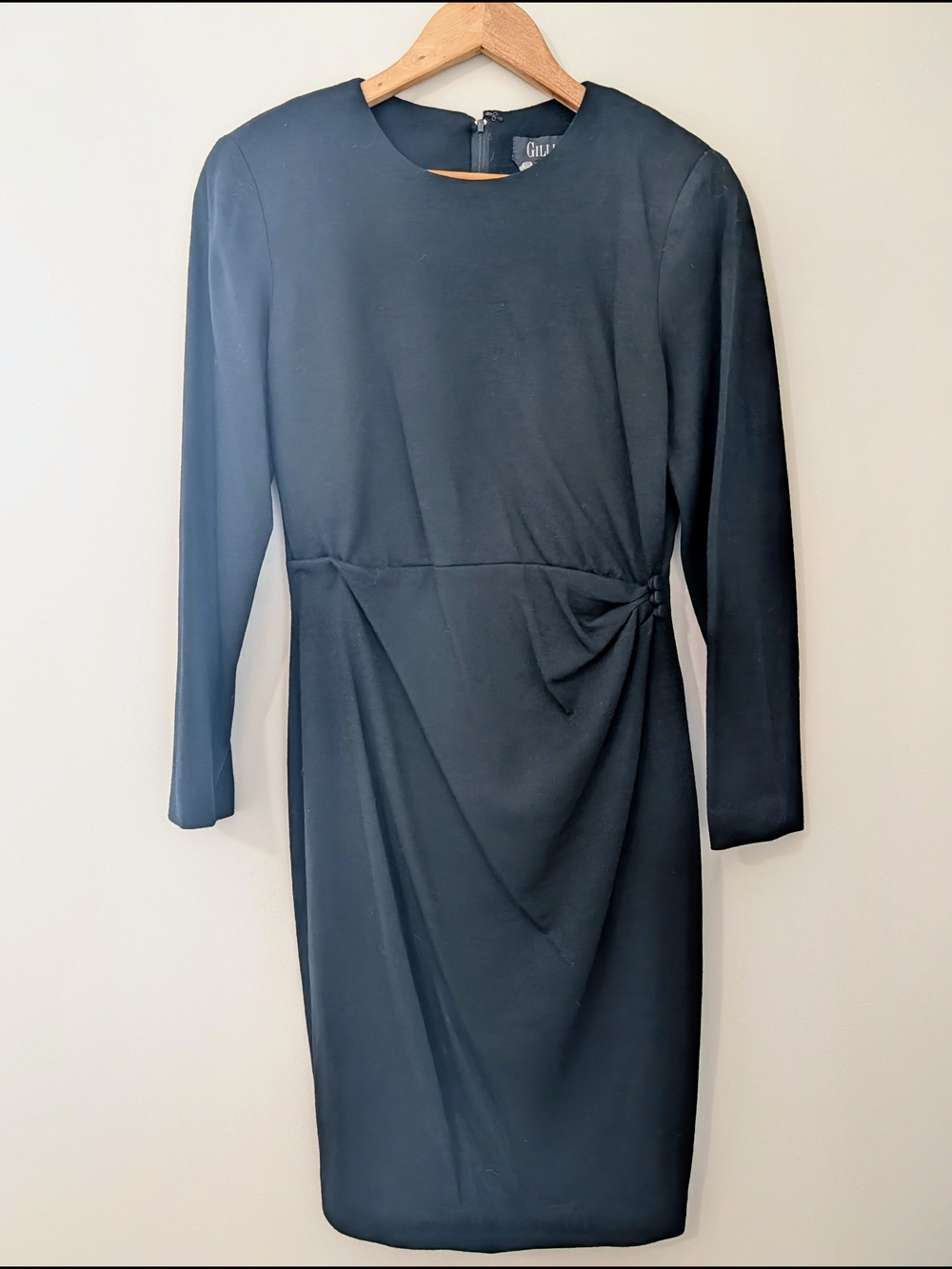 Vintage Gillian Black Wool Sheath Dress Size 8 Long Sleeve Shoulder Pads